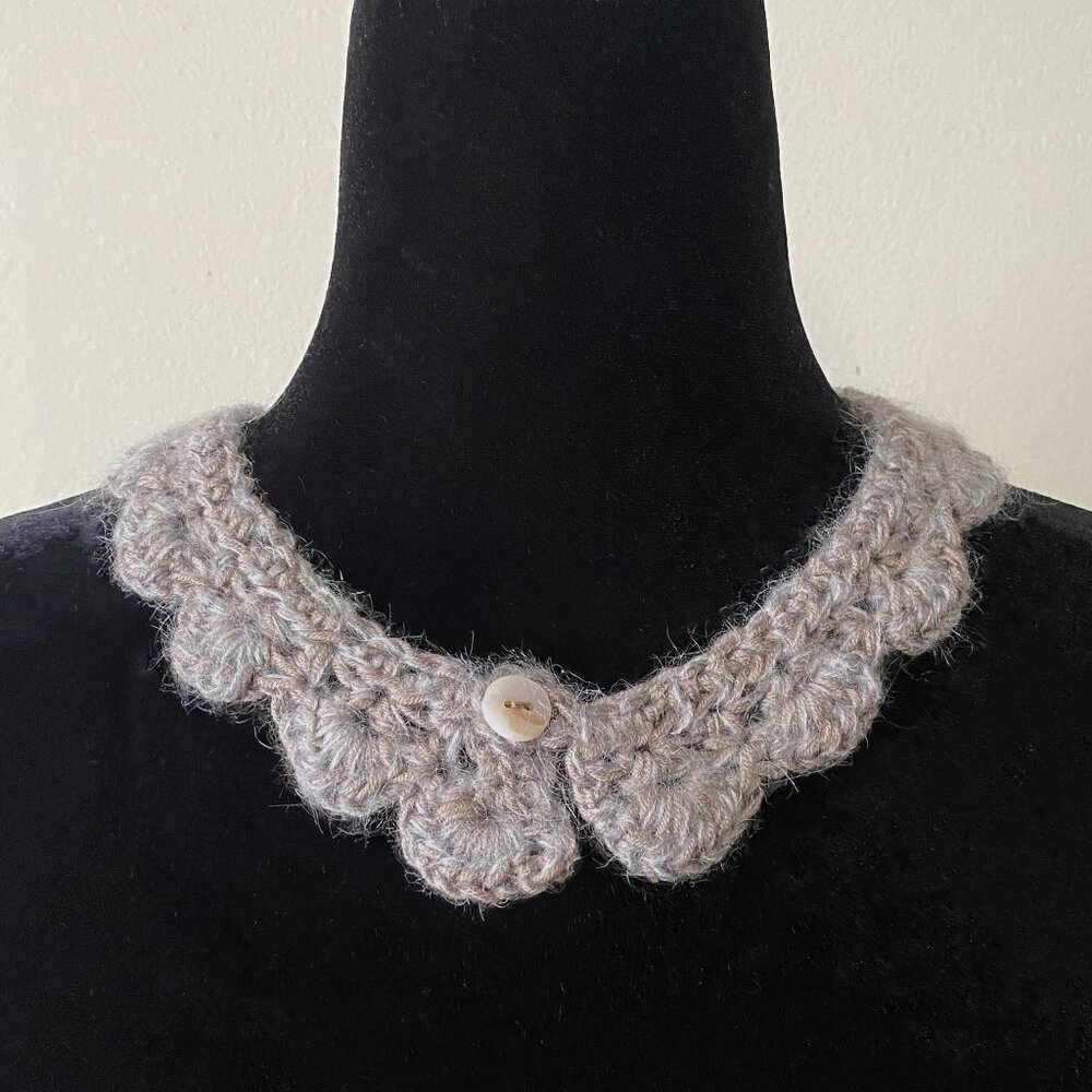 Handmade Crochet Taupe Silvery Blue Poly Mohair Wool Collar Neckwear Accessory